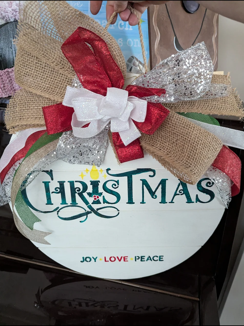 Christmas Wooden Door Hanger with Red, White, Burlap Bows - Unbranded